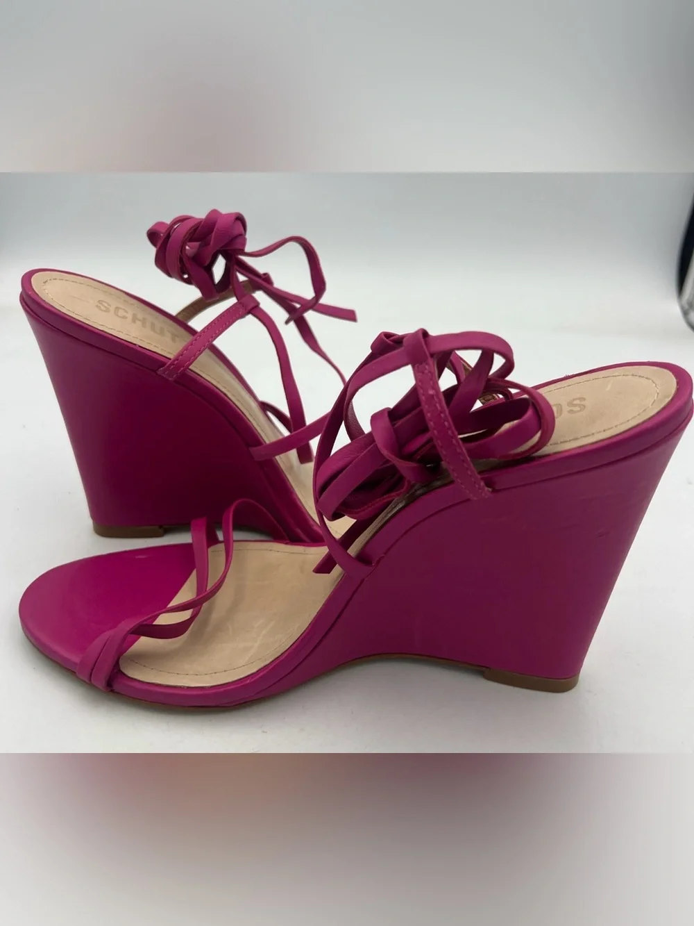SCHUTZ Deonne Strappy Fuchsia Wedge Nappa Leather Sandals Ankle Strap Size 8.5B